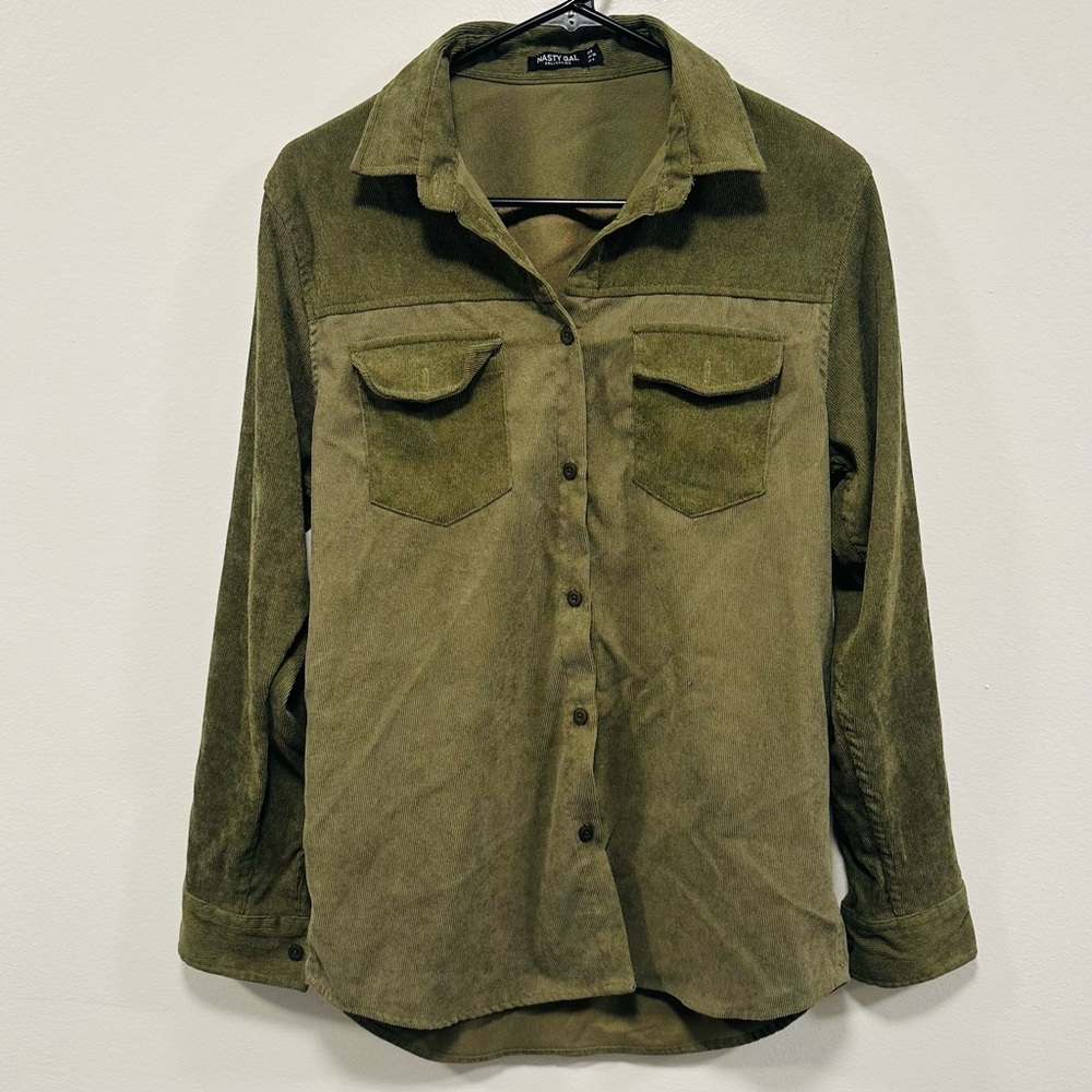 Nasty Gal Olive Green corduroy button down shirt women’s medium